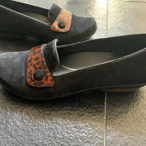 Dansko Black suede flats with a leopard band across the toe size 39,  8 1/2-9